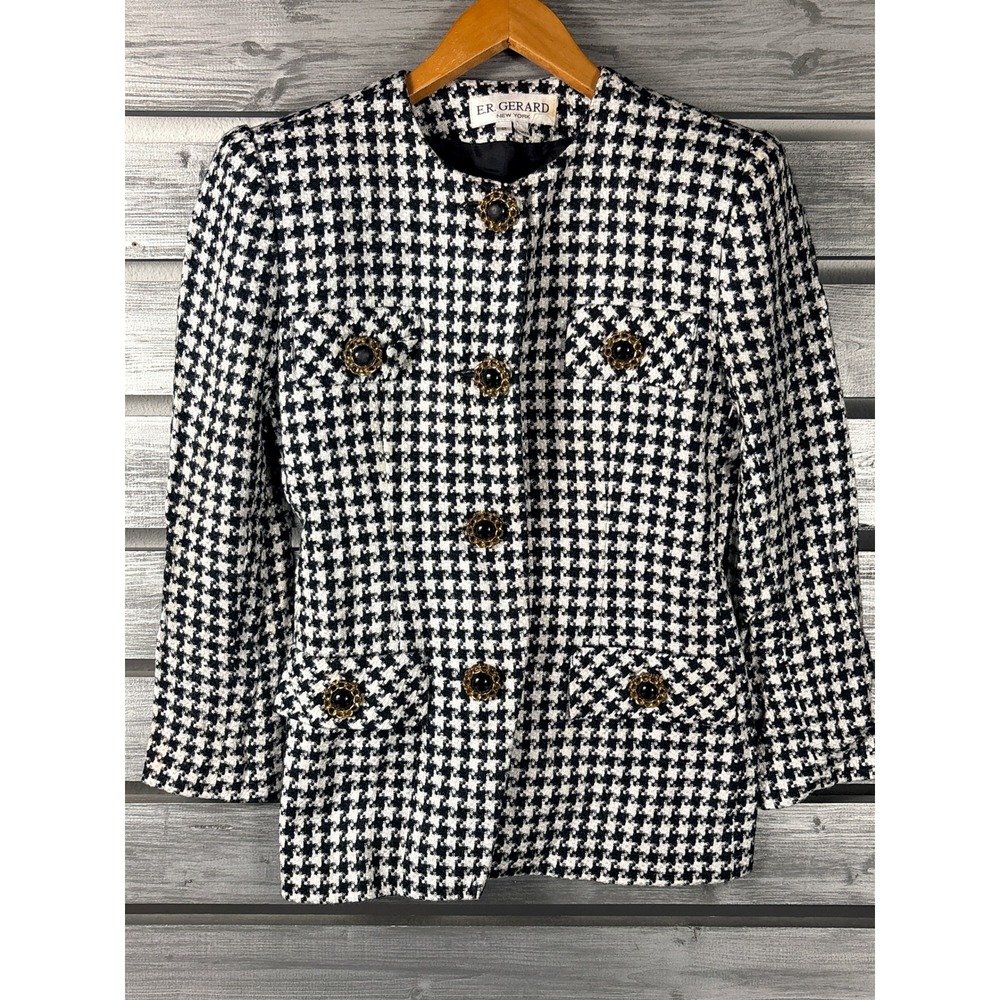 Vintage E.R. Gerard New York Houndstooth Blazer Gold Button 2 100% Rayon Tweed